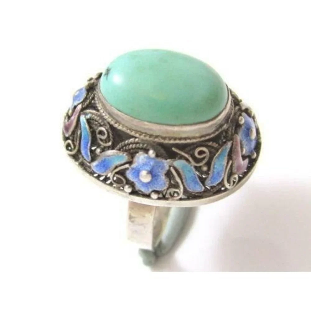 Vintage Chinese Export Enamel Flower 925 St Silver‎ Turquoise Ring*9.25